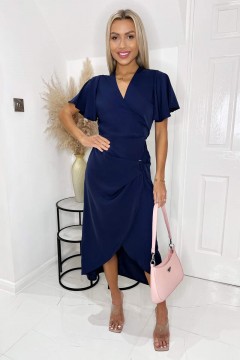 Navy Short Sleeve V Neck Gold Buckle Wrap Midi Dre...