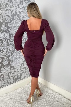 Plum Square Neck Ruched Long Sleeve Midi Dress